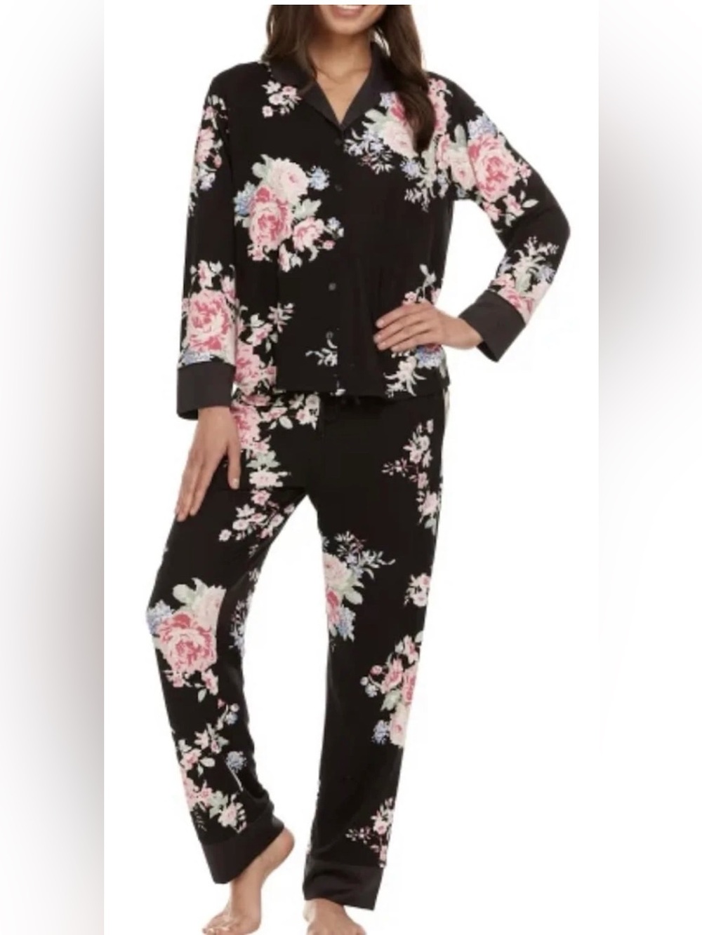 Flora Nikrooz Black Pajama Set with Pink Floral Print